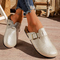 Fashion Gold Woven Buckle Clogs for Women 2026 Summer Closed Toe Cork Sole Mule Shoes Woman Non-slip Flat Heels Half Slippers