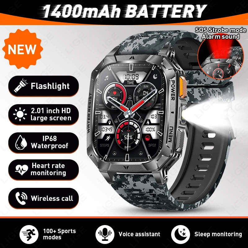 LIGE Militray 1400mAh Large Battery Smart Watch Men 2.01"HD Screen LED Flashlight & SOS Light BT Call Health Monitor Smartwatch