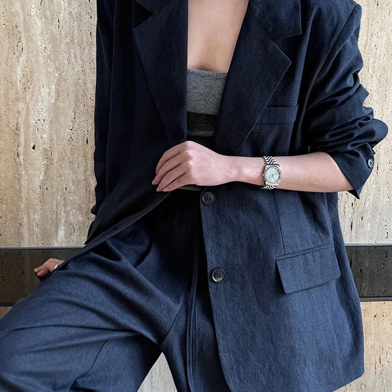 Autumn Hig-end Linen Material Blazer Jacket Sets Women 2025 Summer New Loose Wide Leg Casual Pant Ladies Clothing Office Lady