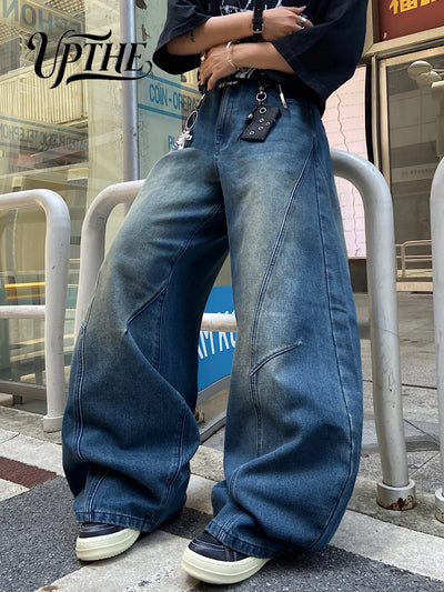 UP.THE Men Vintage Retro Blue Baggy Wide Leg Jeans, Y2K | SAMAG