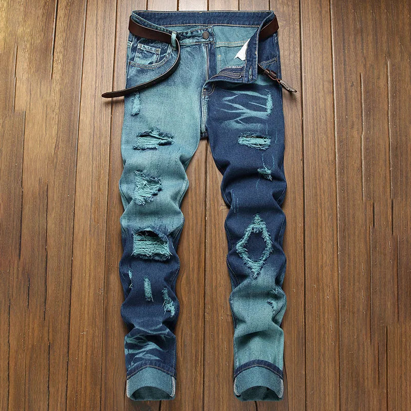 New Retro Jeans Men's Straight Leg Pants Ripped | SAMAG
