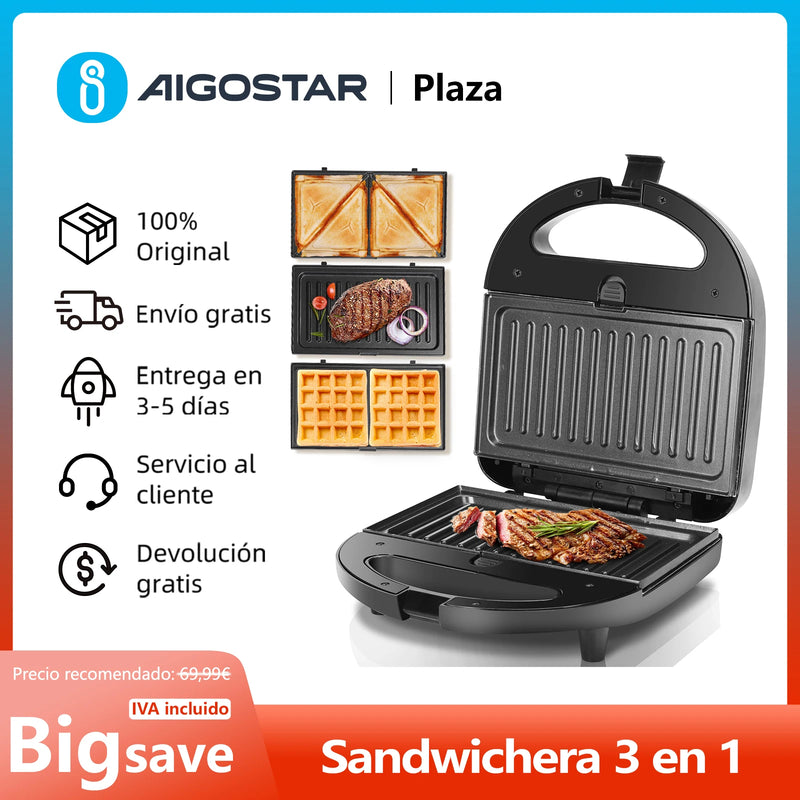 3-in-1 sandwich maker: electric sandwich maker, Grill and waffle, 3 detachable non-stick and interchangeable plates, thermostat, cold touch handle, Vertical storage, 750 W