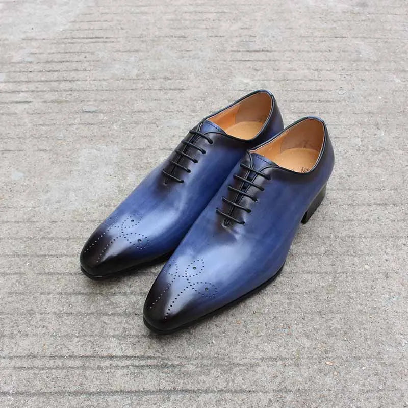 Italian Mens Genuine Leather Dress Shoes Blue Purple Oxfords Wedding Party Formal Shoes Whole Cut Elegant Men's Footwear