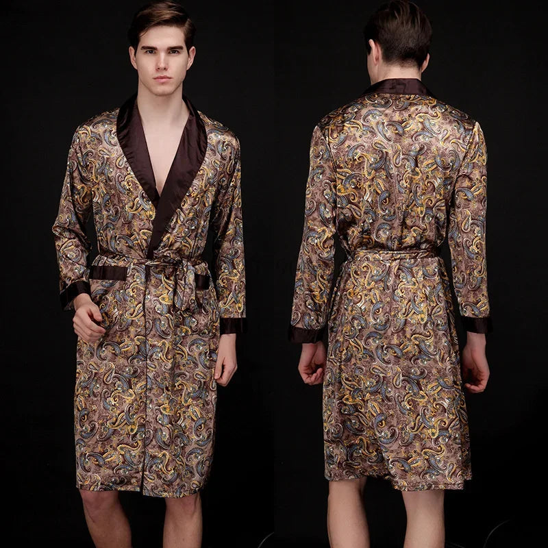 Ice Silk Robe Loose Nightwear Loungewear Male Casual Home Clothes Print Shirt&pants Summer Autumn New Bathrobe with Pocket