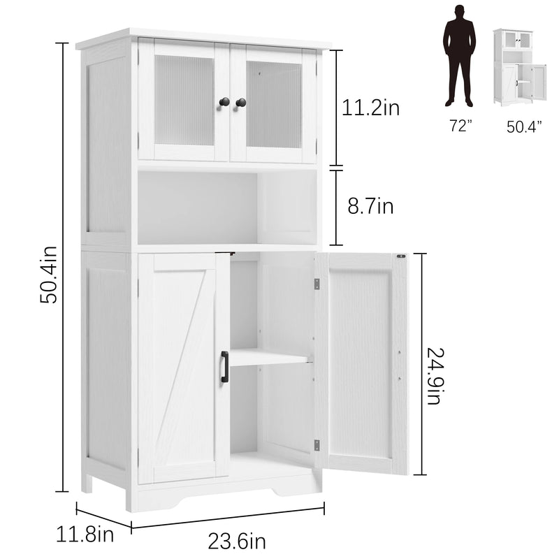 Free Standing Kitchen Pantry Cupboard with 4 Doors and Open Space 128cm Bathroom Tall Cabinet with Tempered Glass Doors