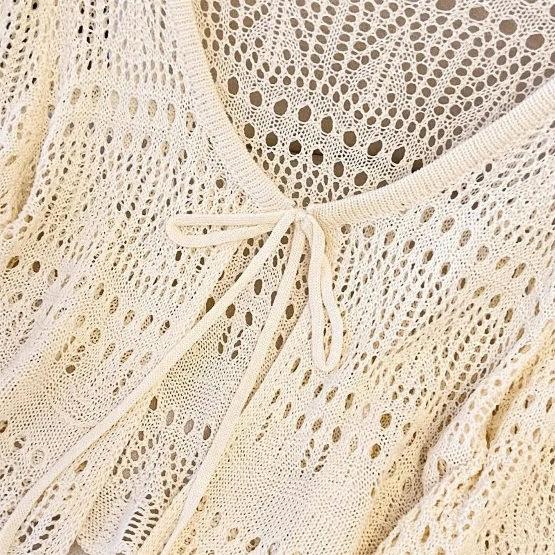 Outdoor Sunscreen Cropped Knit Cardigan Ladies Tie Front Hollow Crochet Shrug Breathable Beach Daily Casual Outerwear