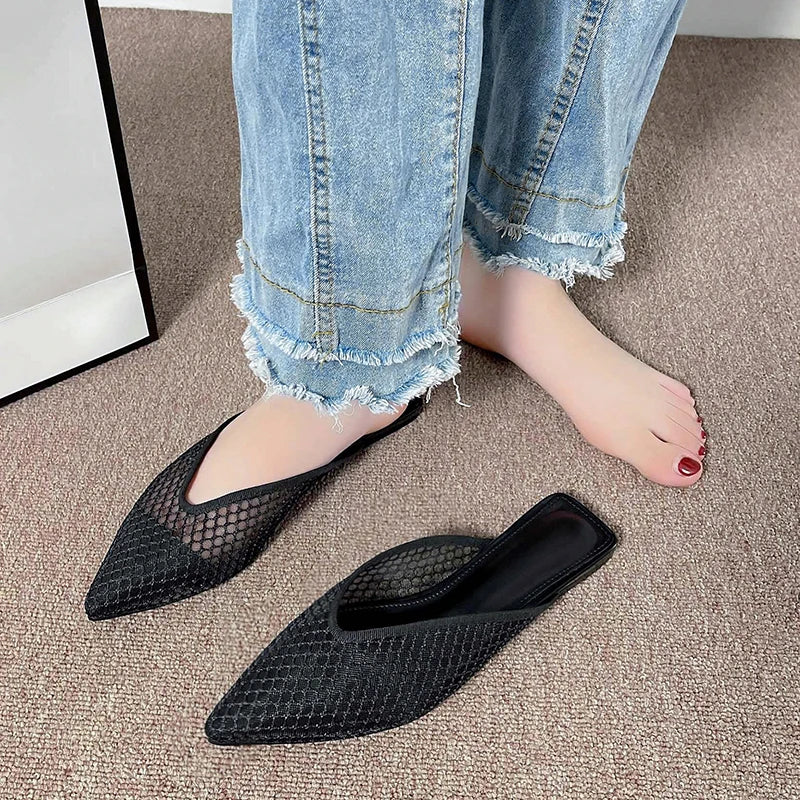 2026 Summer New Fashionable Pointed Toe Half Slippers Women Women's Mesh Hollow Slippers Outdoor Leisure Shoes Plus Size 35-42