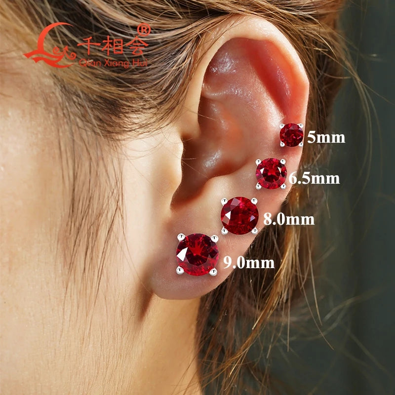 Lab Created Ruby Ear Stud 5-9mm Pigeon Blood with Inclusions Red Round Shape Single Stone S925 Silver Earrings Jewelry