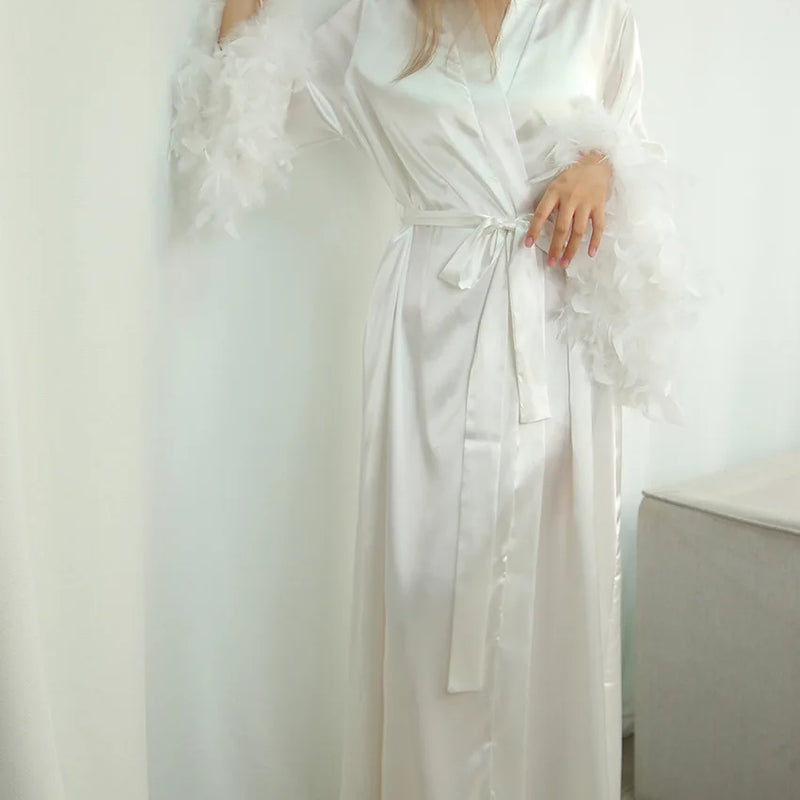 Feather Blush Kimono Robe Boudoir Wedding Floor Length | SAMAG