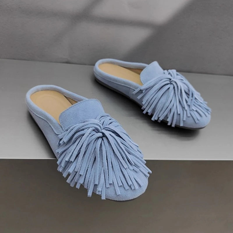 DIMANYU Women's Mules Shoes Genuine Leather 2026 New  Women Slippers Flat Tassel Closed-Toe Female Large Size Slippers Women 