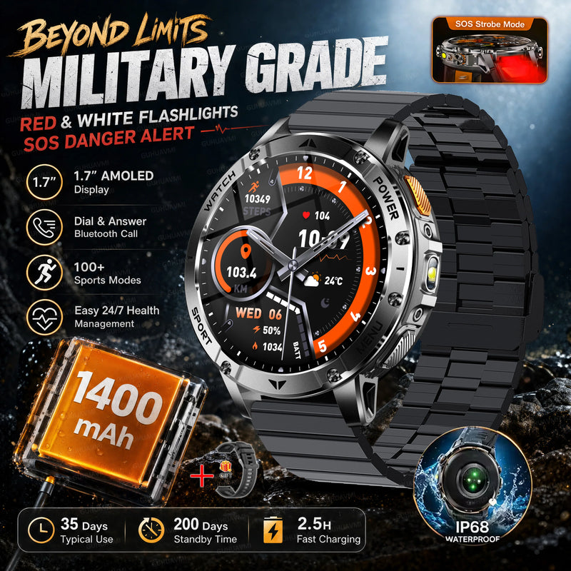 2026 New Military TANK 1400mAh Battery Smart Watch IP68 Waterproof LED Flashlight Heart Rate Sports tracker SOS Smart Watch Men
