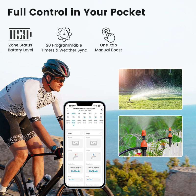 GIRIER Tuya WiFi 6 Smart Water Timer Solar Powered Programmable Sprinkler Controller IPX6 with Brass Inlet for Garden Irrigation
