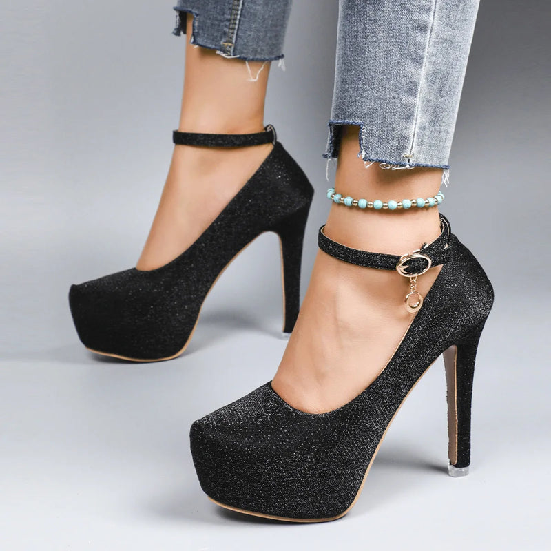 Women's High Heels 2025 New Style Semi-Uppered Thin Heel Waterproof Platform Buckle Fashion Shoes Large Size Strap Shoes