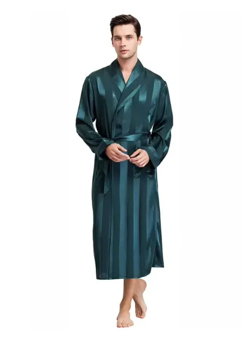 Plus Size 3XL 4XL 5XL Men Robe Sleepwear Navy Blue Stripe Kimono Bathrobe Gown with Pocket Summer Satin Home Clothes Lounge Wear