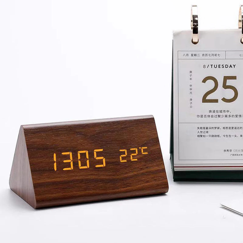Digital Alarm Clock Desktop Wood LED Clocks Sound Control Electronic Display Thermometer Home Decor Gift Wood Clocks