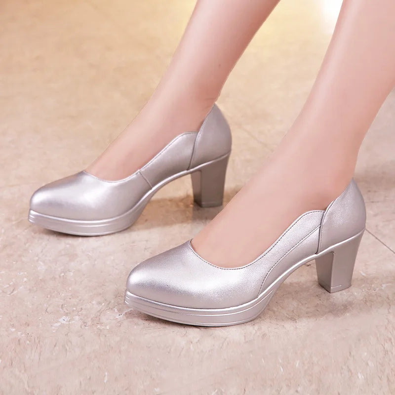 high quality leather shoe for women 6cm 8cm high heel platform point toe 32 33 34 elegant and fashion shoe black white silver