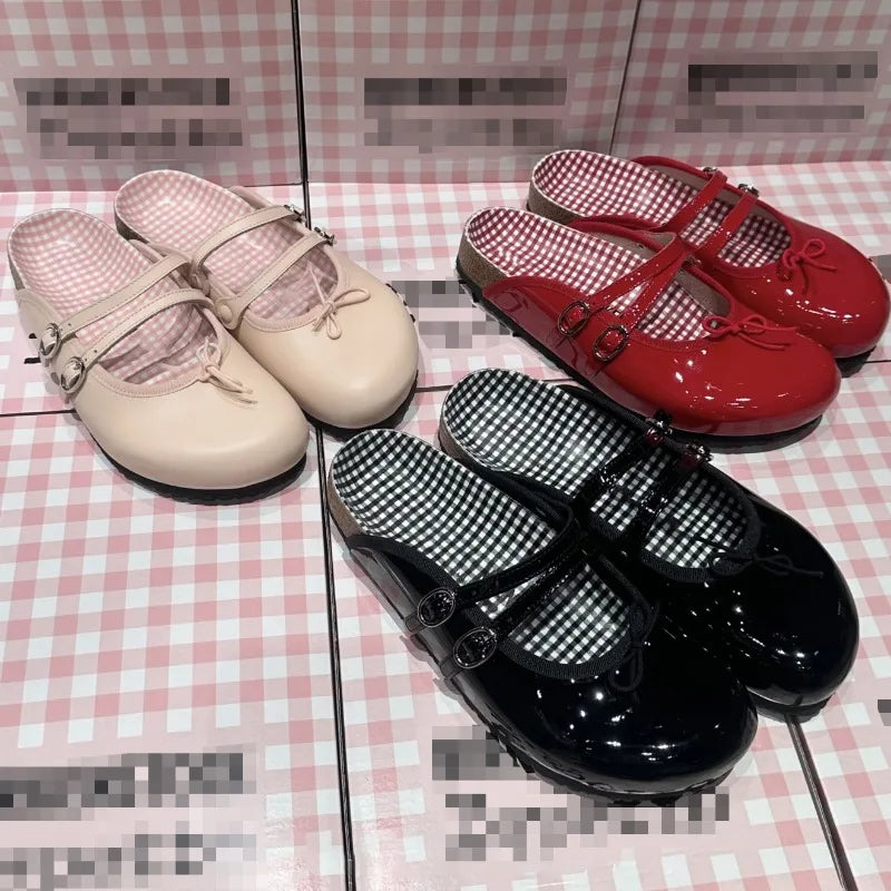 Women's Patent Leather Mary Jane Mules Buckle Bow Decor Slip on Flat Shoes Plaid Lining Casual Half Slippers Fashion  Footwear