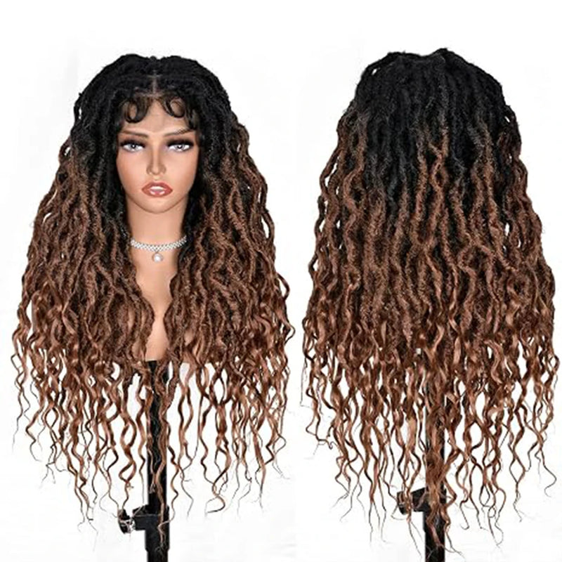 Synthetic Knotless Braided Wigs Full Lace Twist Hair Brown Faux Locs For Black Women 32 Inches Front Braided Wigs With Baby Hair