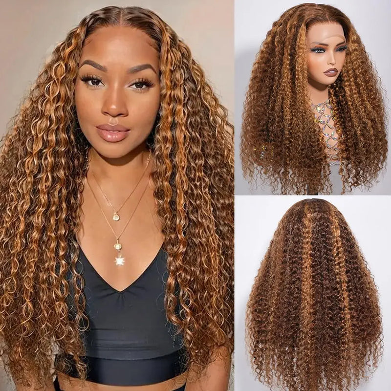 13x4 HD Lace Frontal Curly Wig Honey Blonde Highlight Vietnamese Human Hair Glueless Lace Front Wigs For Women