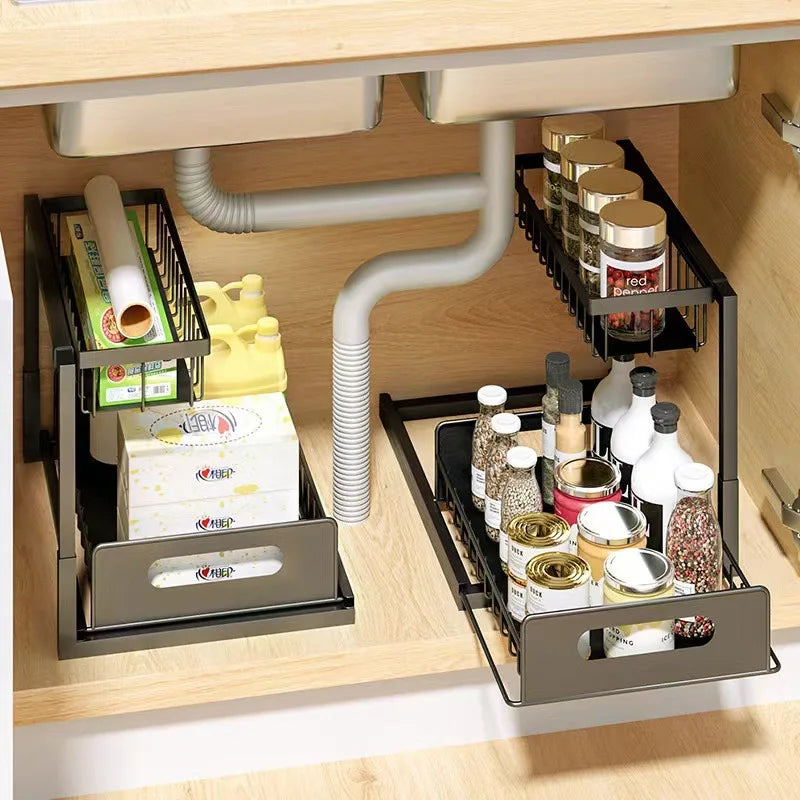 2 - Tier Pull - Out Under Sink Organizer Multi - purpose Plastic Storage Shelf Slide - Cabinet for Kitchen - View 3 | SAMAG