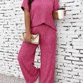 2 Counts Women's Plus Size Textured Batwing Sleeve Tee & Elastic Waist Pants Set, Casual Short Sleeve T-shirt & Straight Leg Tro