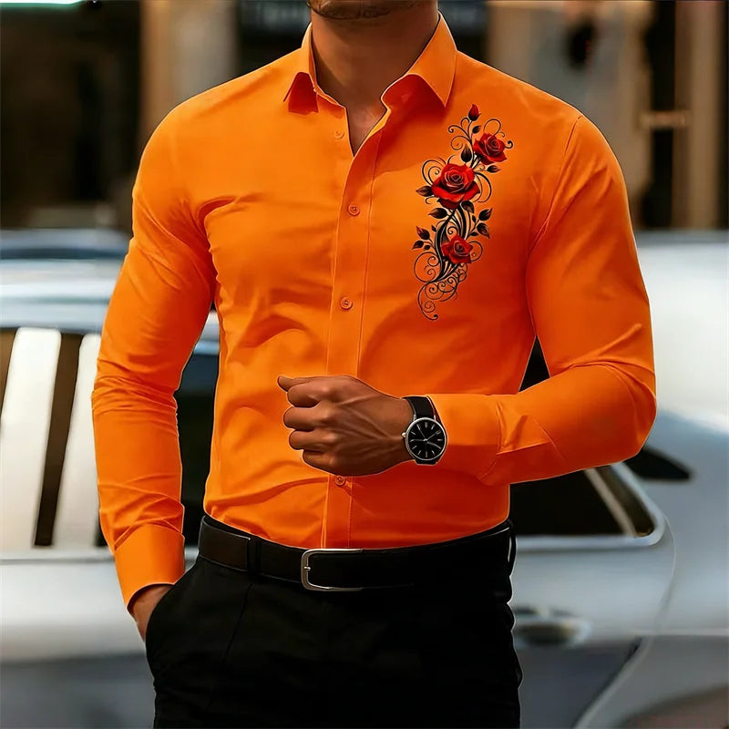 Men's Long-Sleeved Shirt, Featuring a Vintage Red Rose | SAMAG