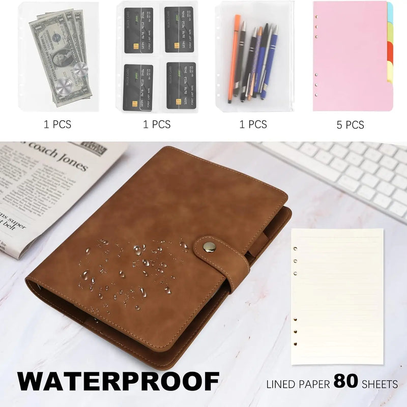 New Leather A5 Binder 6 Ring Binder Notebook - PU Leather Refillable Notebook with Binder Pockets, Dividers, Refill Paper
