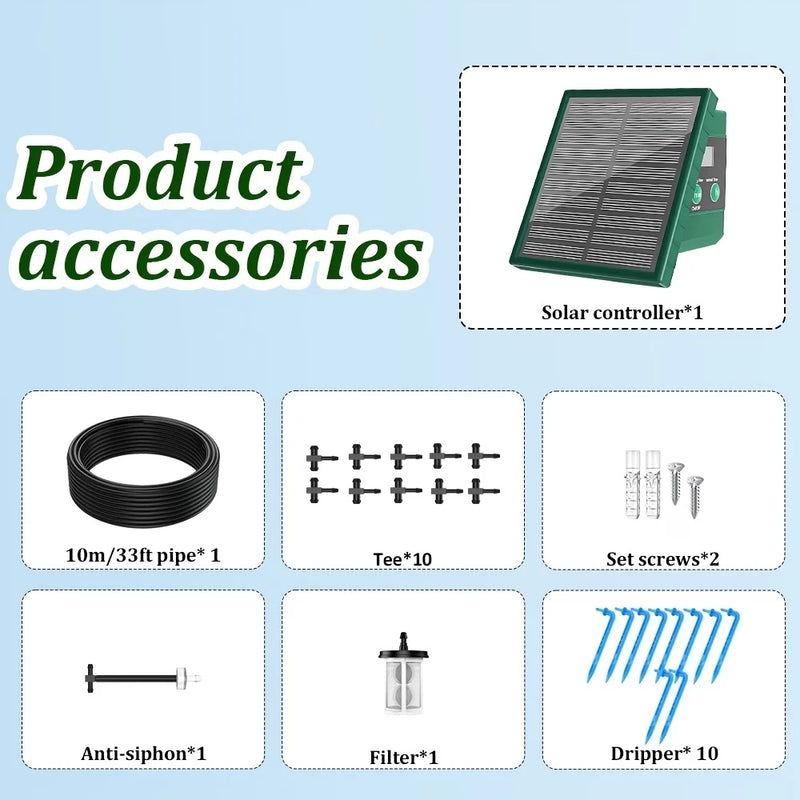 Solar Drip Irrigaton System,  Automatic Watering System with 300 Watering Programmes, Garden Watering Kit with 10M Hose&10 Drip Tips etc, Suitable for Vegetables/Potted Plants/Fruit Trees