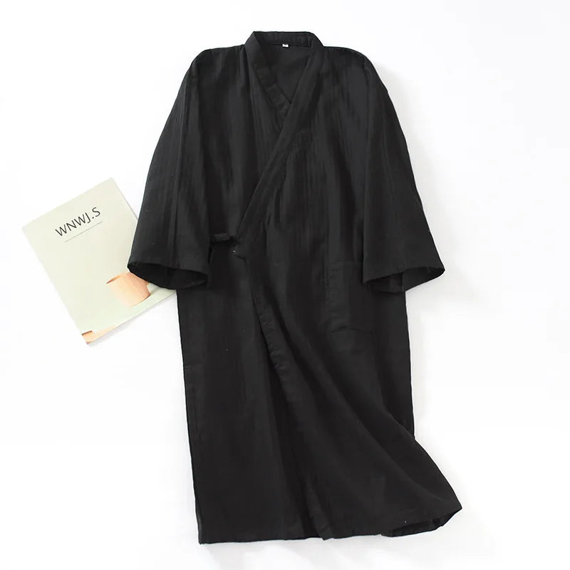 2026 New Men's 100% Cotton Gauze Bath Robes Loose Thin Japanese Kimono Pajamas for Men Casual Lace Up Bathrobes V-Neck Nightgown