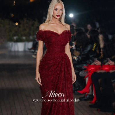 Aileen Burgundy Lace Off Shoulder Evening Dress Short | SAMAG