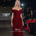 Aileen Burgundy Lace Off Shoulder Evening Dress Short | SAMAG