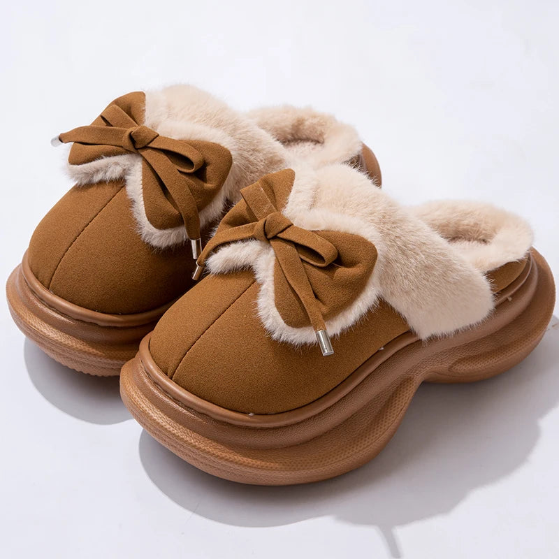 Bow Winter Women's Slippers Home Casual Plush Luxury Designer Woman Shoes Wedges Platform Fuzzy Fur Slides Fashion Soft Sole