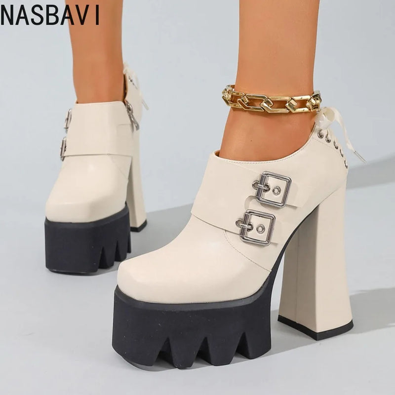 Fashion Spring Autumn Red Women's Shoes Thick Heels 14cm Platform Shallow Mouth Ladies Pumps Back Lace Up Mary Jane Shoes 34-43