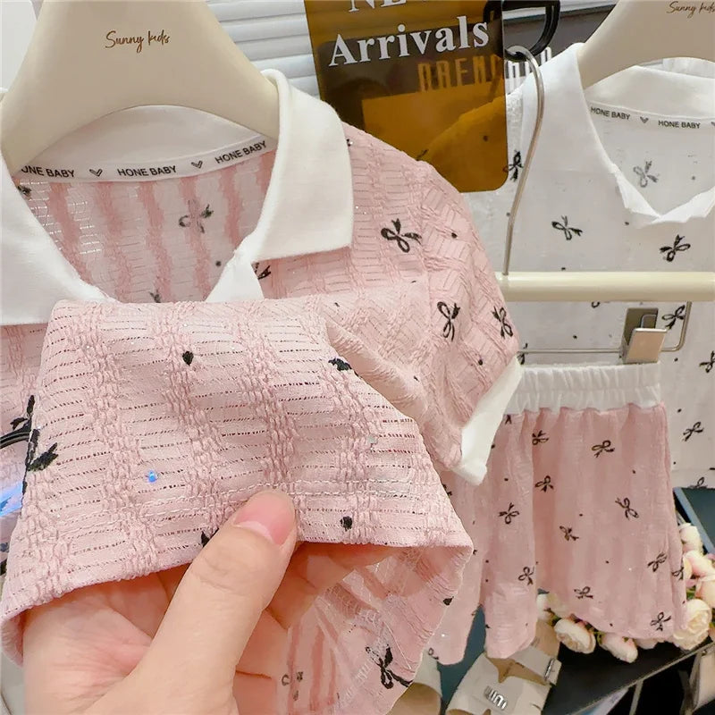 Girls Bow Print Clothing Sets Fashion Big Kids Polo Short - View 3 | SAMAG