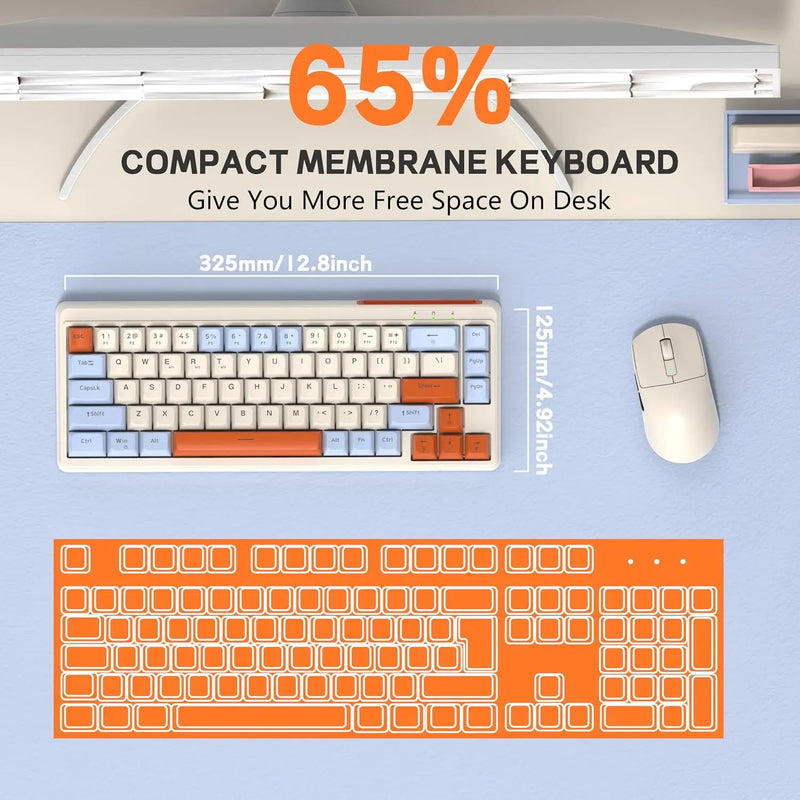 M68 65% Wireless Gaming Keyboard,Tri-Mode Silent Membrane Keyboard,PBT Keycaps,2000mAh 67 Keys Rainbow LED Backlit for Win/Mac