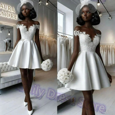 Customized White Satin Evening Dress Women Lace Knee | SAMAG