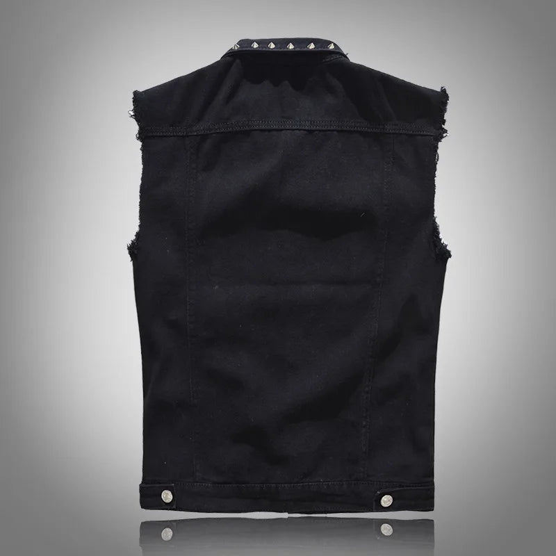 Vests Men Denim Jacket Rivet Spliced Coat Turn Down Collar Slim Fit Vest Sleeveless Coats Streetwear Pocket Button High Street