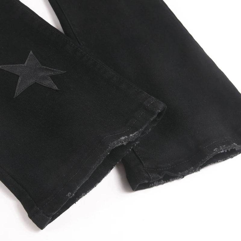 Men's Stars Patch Denim Jeans Streetwear Black Slim | SAMAG