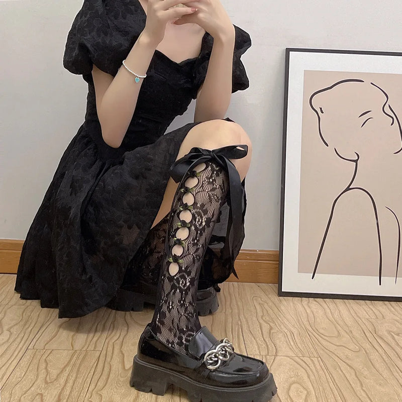 Girls Sweet Stockings Sexy Lace Mesh Fishnet Stockings Knee High Socks Flower Hollow Out Bandage Bow JK Lolita Kawaii Stockings