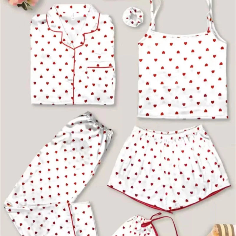 Spring Autumn 7 Pieces Set Silk Elegant Women Pajamas Print Shorts Long Sleeve Top Elastic Waist Pants Lounge Sleepwear