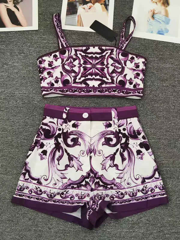 Designer retro geometric print sexy tube top suspender two-piece 2026 summer women's dress+straight short fashion suit