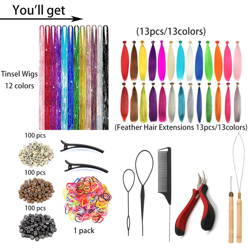 48Pcs Women's Colorful Synthetic Hair Extensions Set 38 Colors Tinsel Wig 26 Colors Feather Extensions Tool Kit for Hairdressing