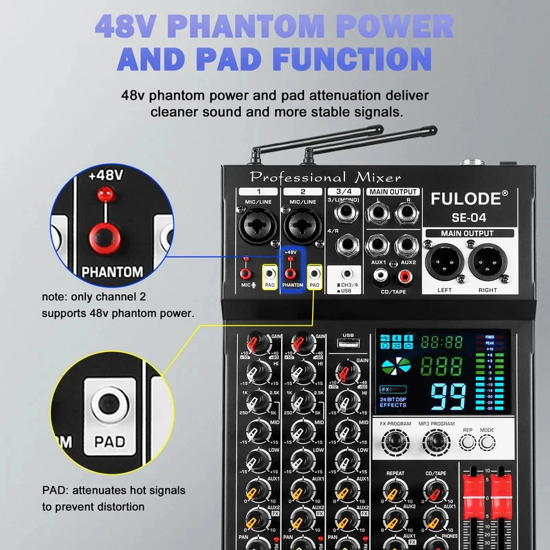 Fuluode SE-04 Professional 4 Channel Audio Mixer with UHF Wireless Microphone Sound Mixing Console USB Bluetooth Karaoke System