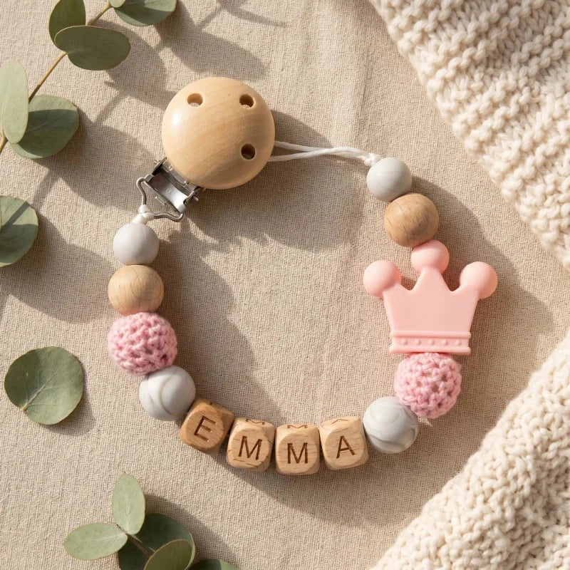 Personalized Name Pacifier Clip Silicone Wooden Dinosaur Baby Teether Holder BPA Free Custom Soother Chain Handmade Dummy Clip