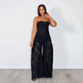 Female Fashion sexy Strapless Design Hollowed Top Pants 2 Piece Set Women Tank Chic Solid Sleeveless Vest Straight Pant Suit