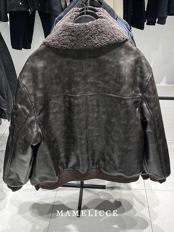 MAMELICCE Original design Removable fur collar jacket Thickened Casual coat Men's clothing Vintage leather jackets overcoats