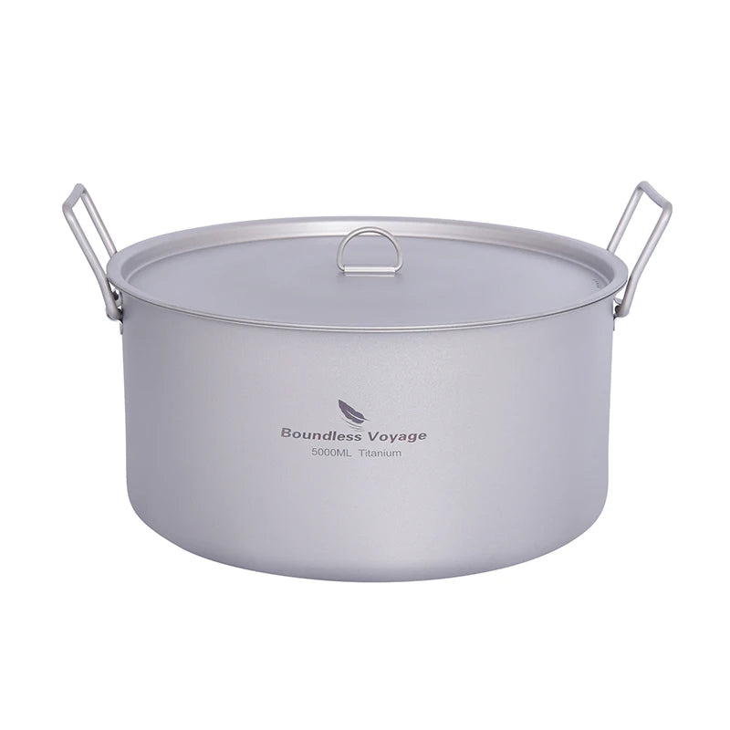 Boundless Voyage 2L 5L Big Capacity Soup Pot Titanium Camping Pot with Lid Folding Handle for Hiking Picnic Outdoor Cooking Pot