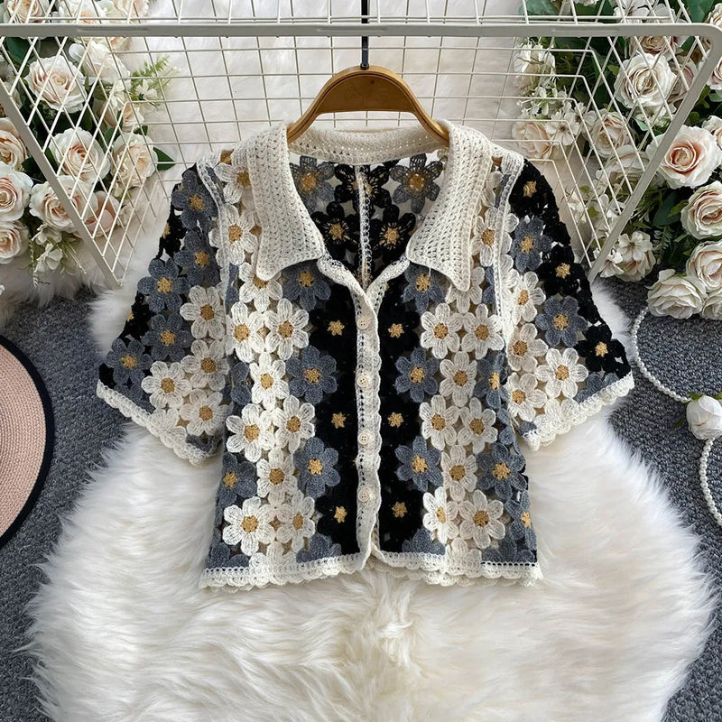 Crochet Knit Shirt Short Sleeve Floral Granny Square - View 4 | SAMAG
