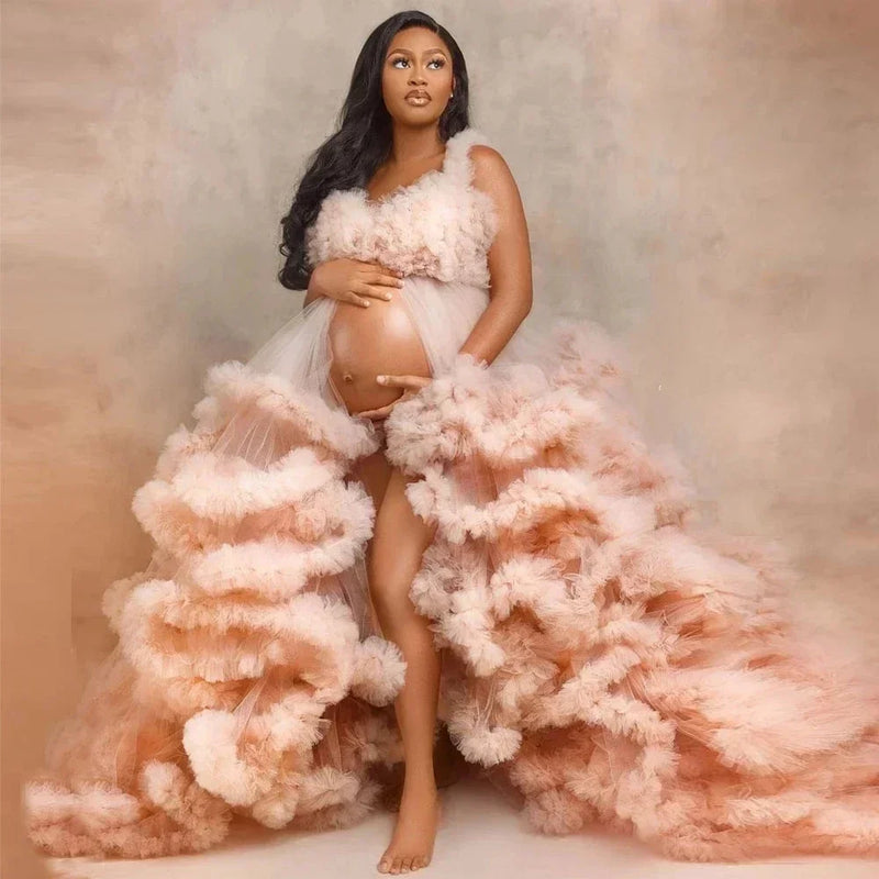 Maternity Dresses for Photoshoot Ruffles Tulle Pregnant Photo Gowns Baby Shower Off Shoulder Front Slit Bridal Sleepwear Robe