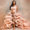 Maternity Dresses for Photoshoot Ruffles Tulle Pregnant Photo Gowns Baby Shower Off Shoulder Front Slit Bridal Sleepwear Robe